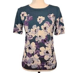 TALBOTS Petites S/P Teal Watercolor Print Cotton Knit Soft Top Elbow Sleeves